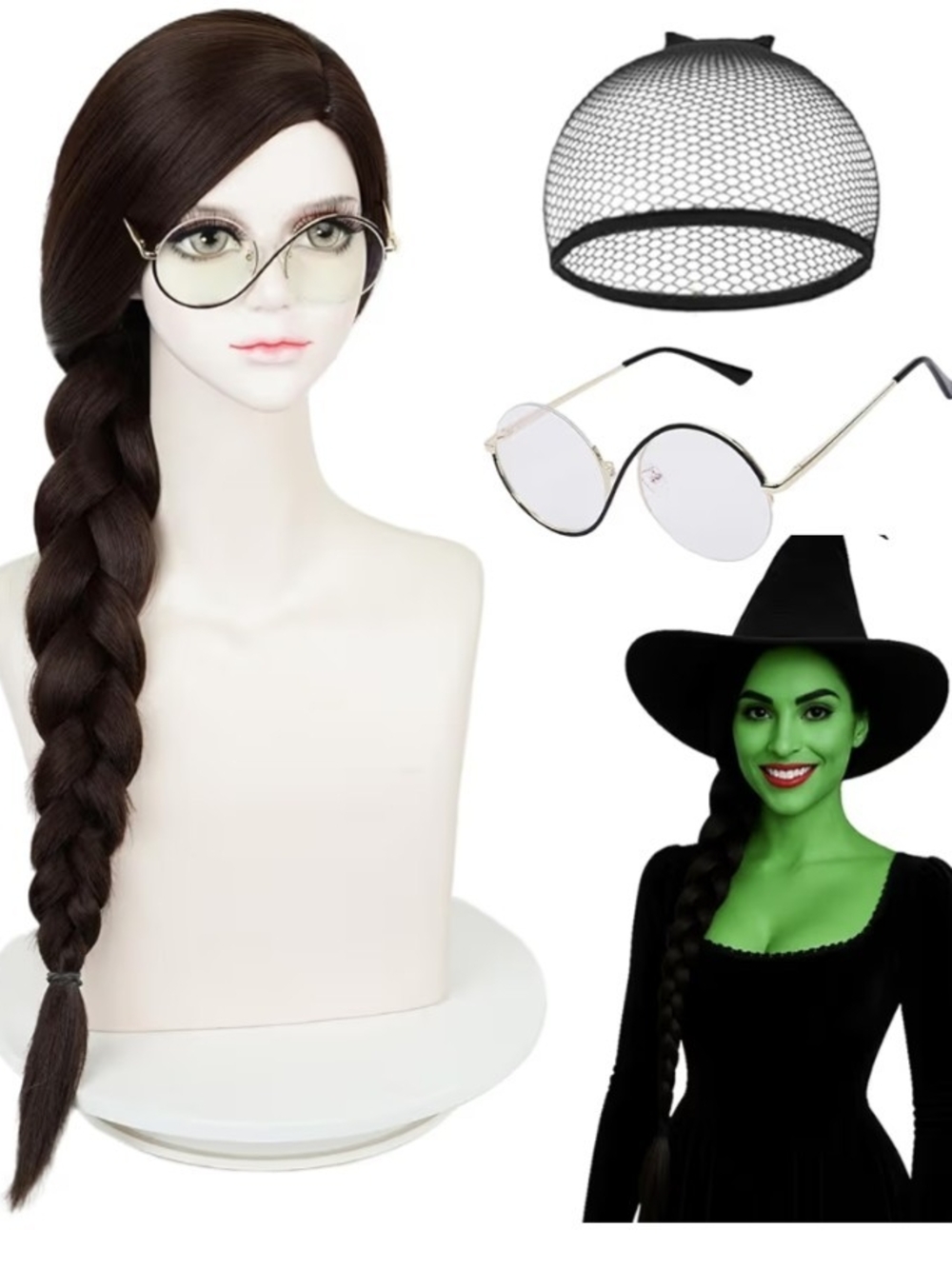 Alphaba Black Long Braided Wig with Glasses and Hair Net And Glasses